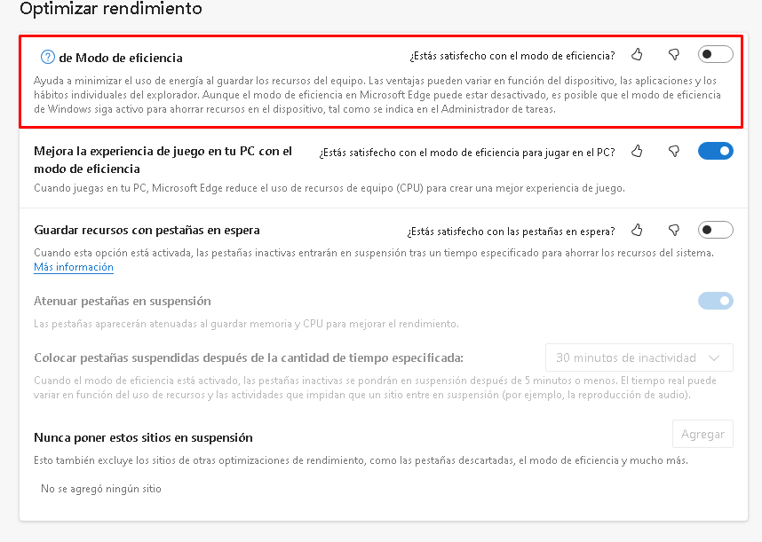 El modo de eficiencia está desactivado